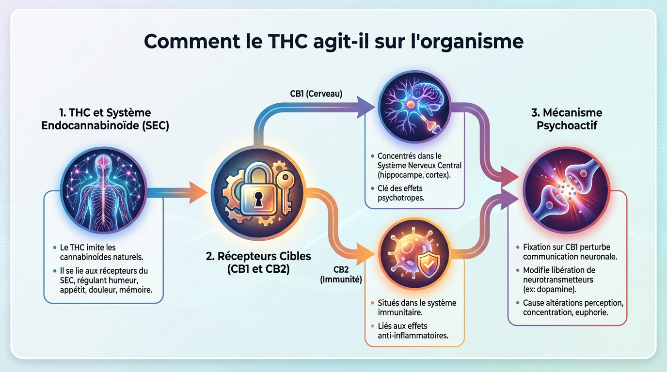 Schéma explicatif de l'interaction du THC avec les récepteurs cannabinoïdes du corps humain