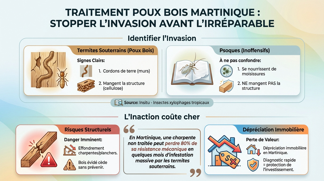 Repérer les cordons de terre des termites sur une structure en bois en Martinique