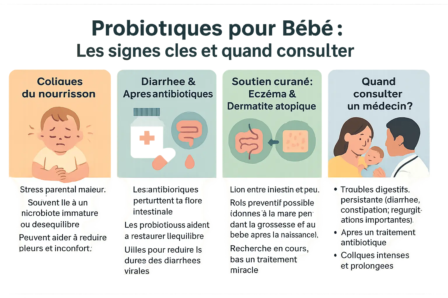 Bébé dans les bras d'une maman, avec un flacon de probiotiques à côté