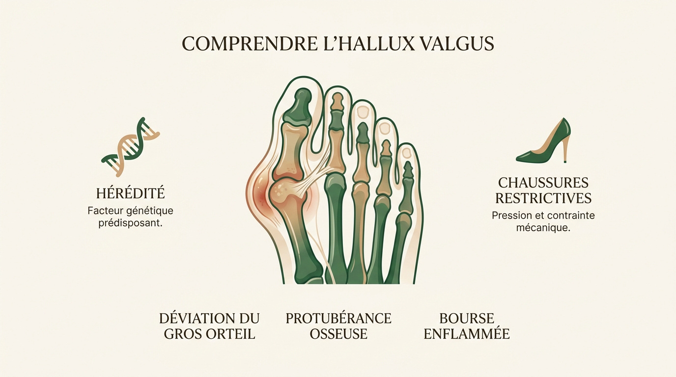 Oignon au pied : traitement et prévention au quotidien Schéma anatomique de l'hallux valgus montrant la déviation du métatarsien et de la phalange