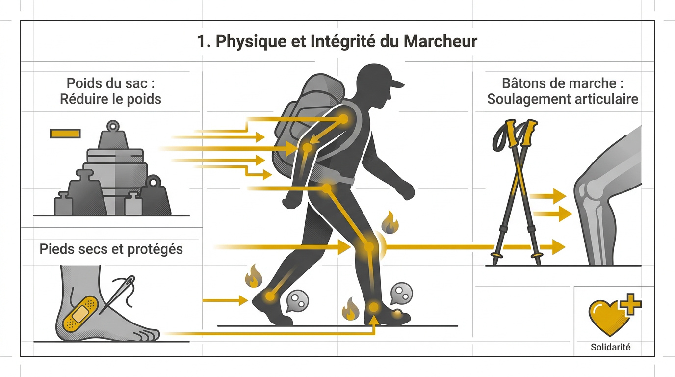 Infographie présentant les soins des pieds et le réglage du sac pour le pèlerin