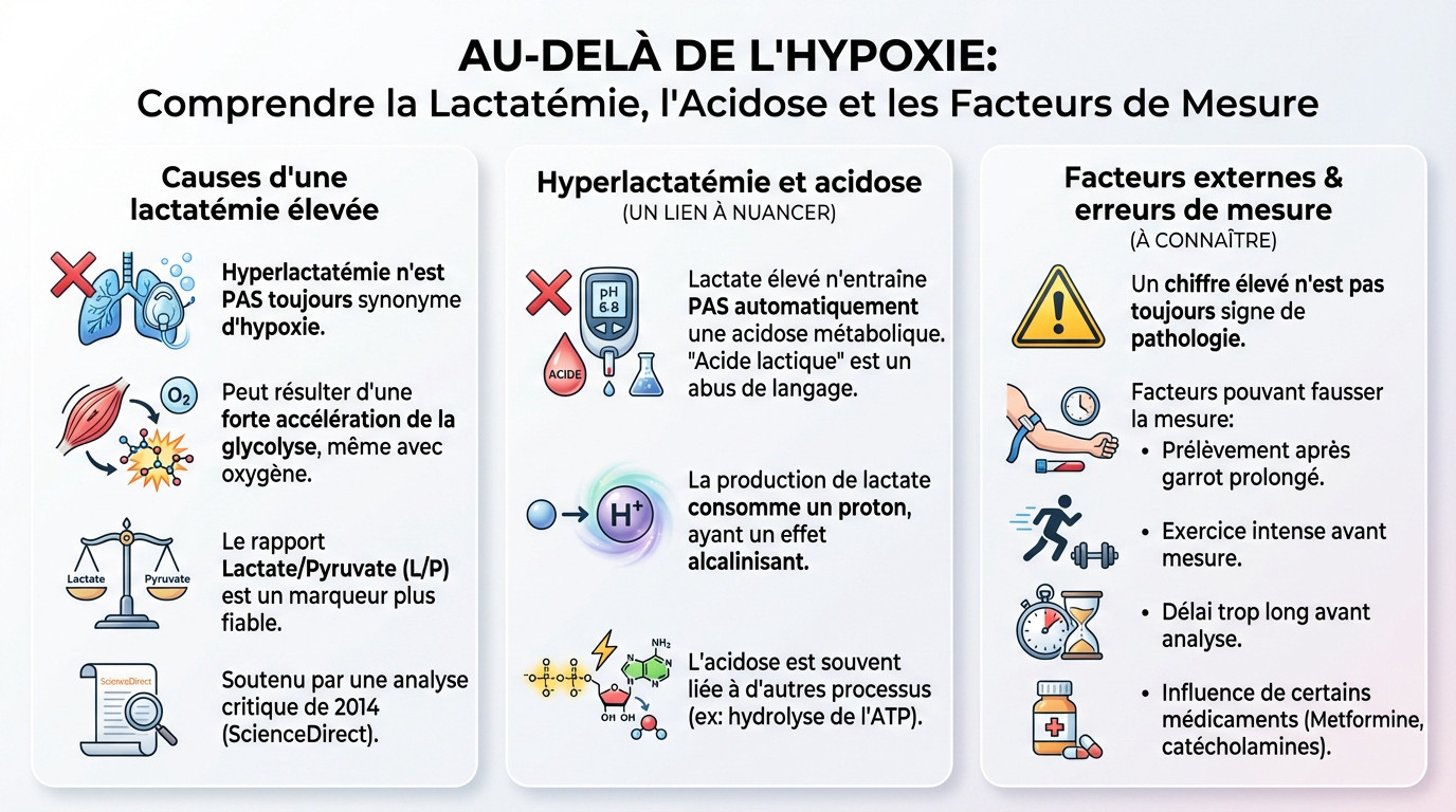 Schéma illustrant les nuances entre hyperlactatémie, acidose et les facteurs influençant la mesure du lactate sanguin