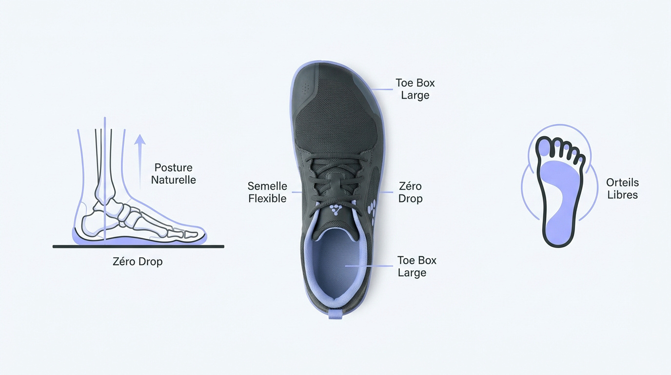 Infographie présentant les caractéristiques techniques d'une chaussure barefoot pour adulte : drop nul, semelle fine et toe box large.