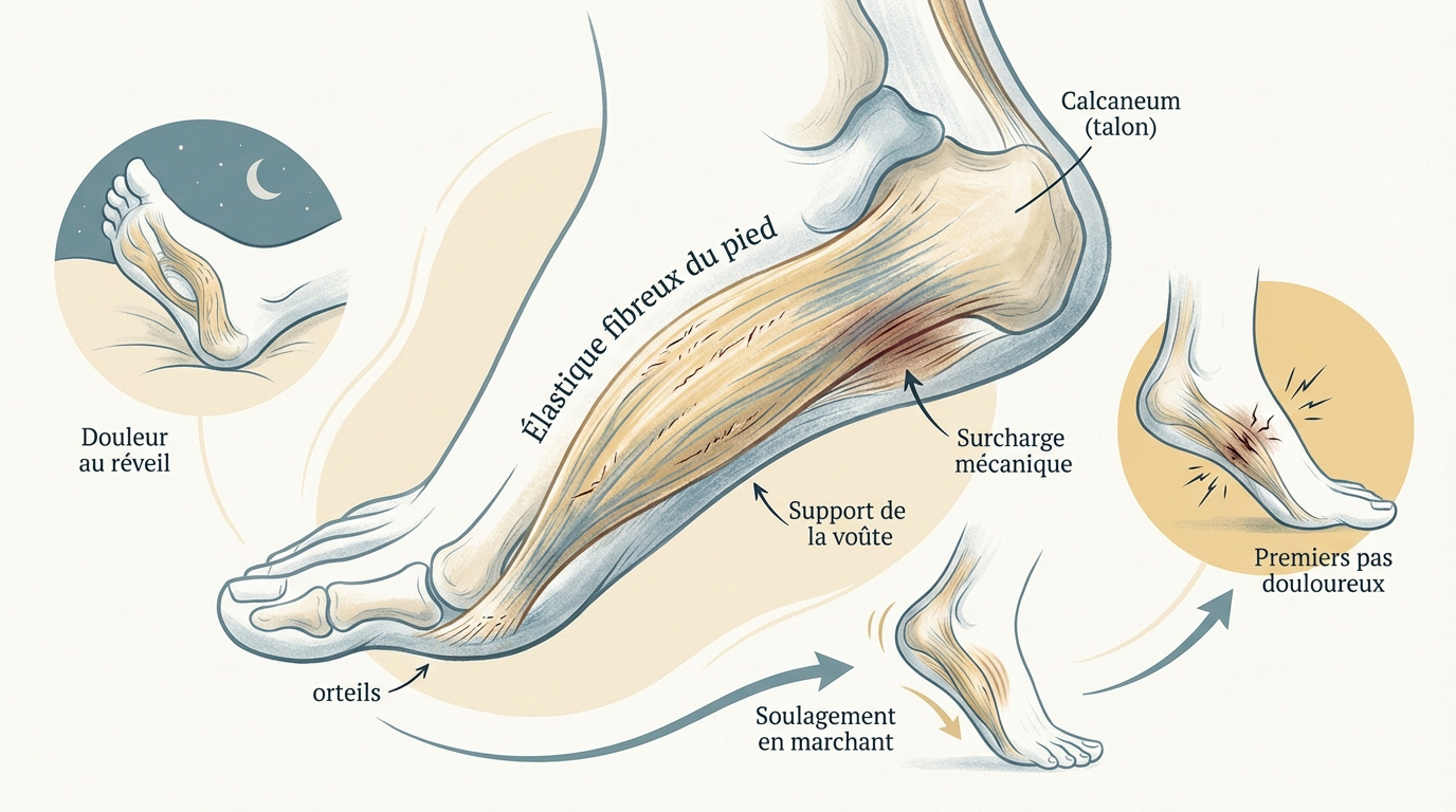 Schéma anatomique de l'aponévrose plantaire et de la voûte plantaire soulignant les zones de tension matinale
