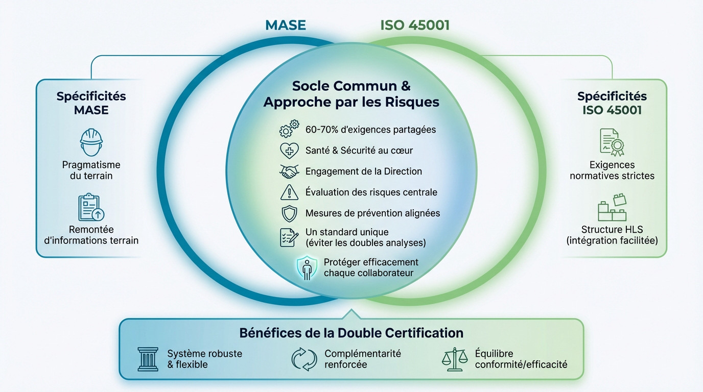 Schéma illustrant les convergences et bénéfices communs entre MASE et ISO 45001