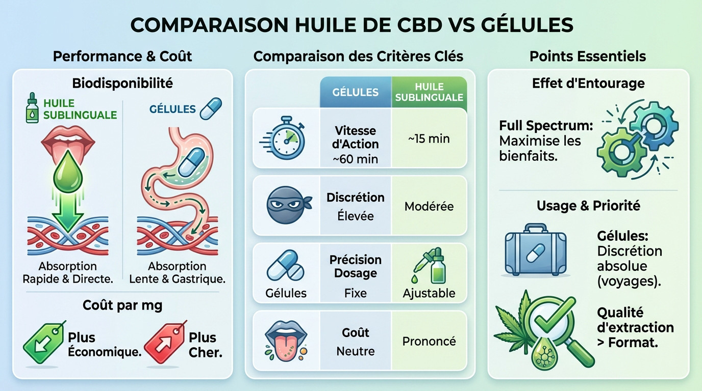 Comparaison visuelle entre l'huile de CBD et les gélules pour choisir le meilleur mode de consommation