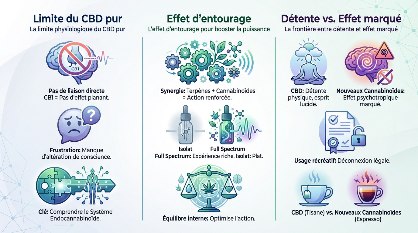 Infographie expliquant la différence entre CBD pur, effet d'entourage et nouveaux cannabinoïdes puissants