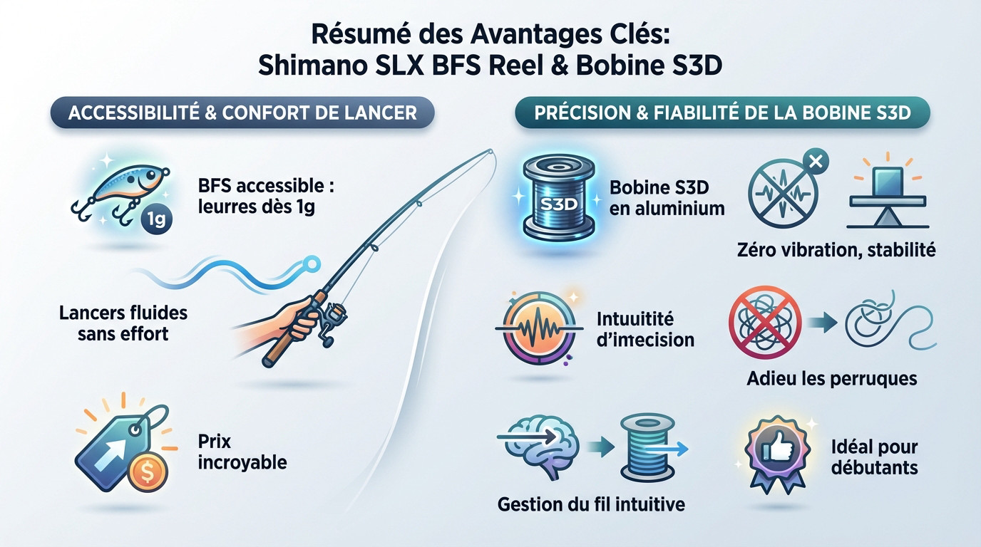 Résumé des avantages clés du moulinet Shimano SLX BFS avec sa bobine S3D anti-vibrations