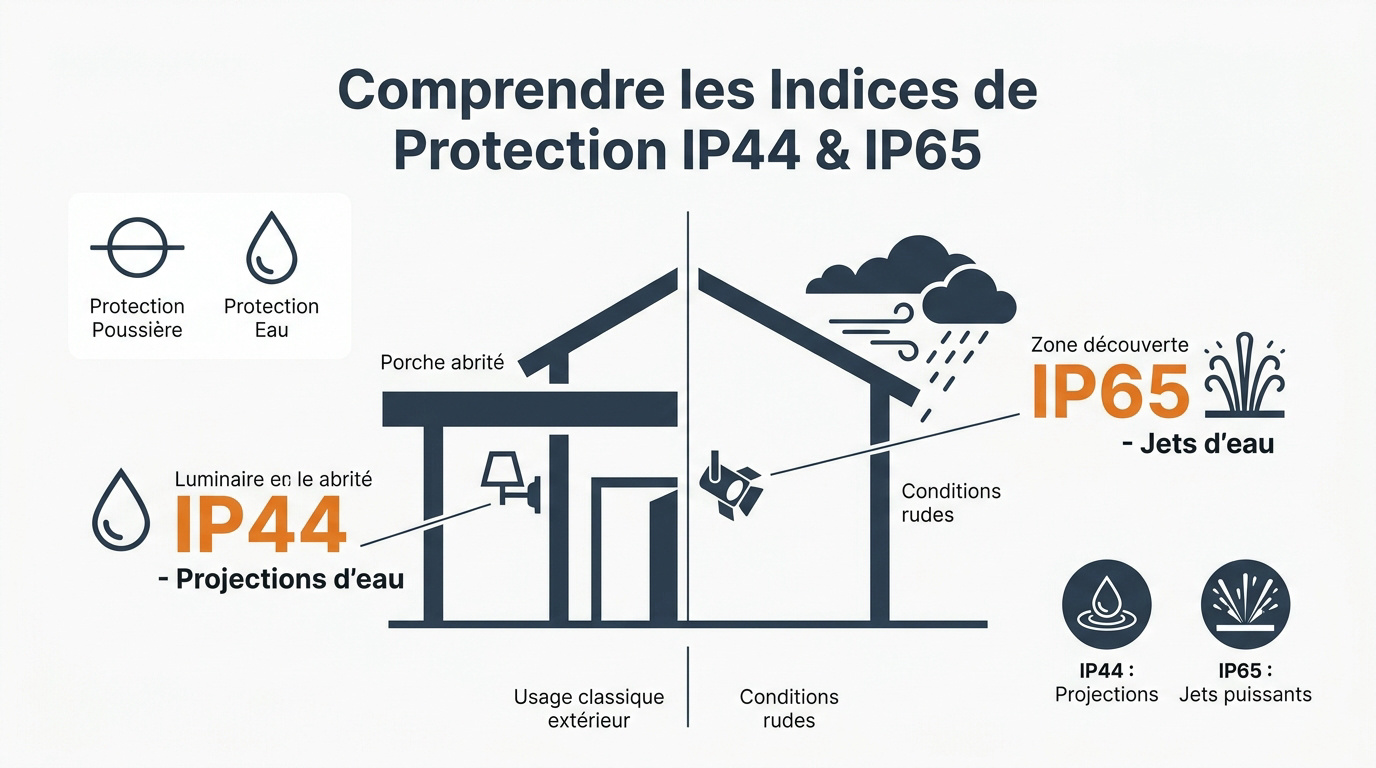 Comparaison visuelle des indices de protection IP44 et IP65 pour luminaires extérieurs