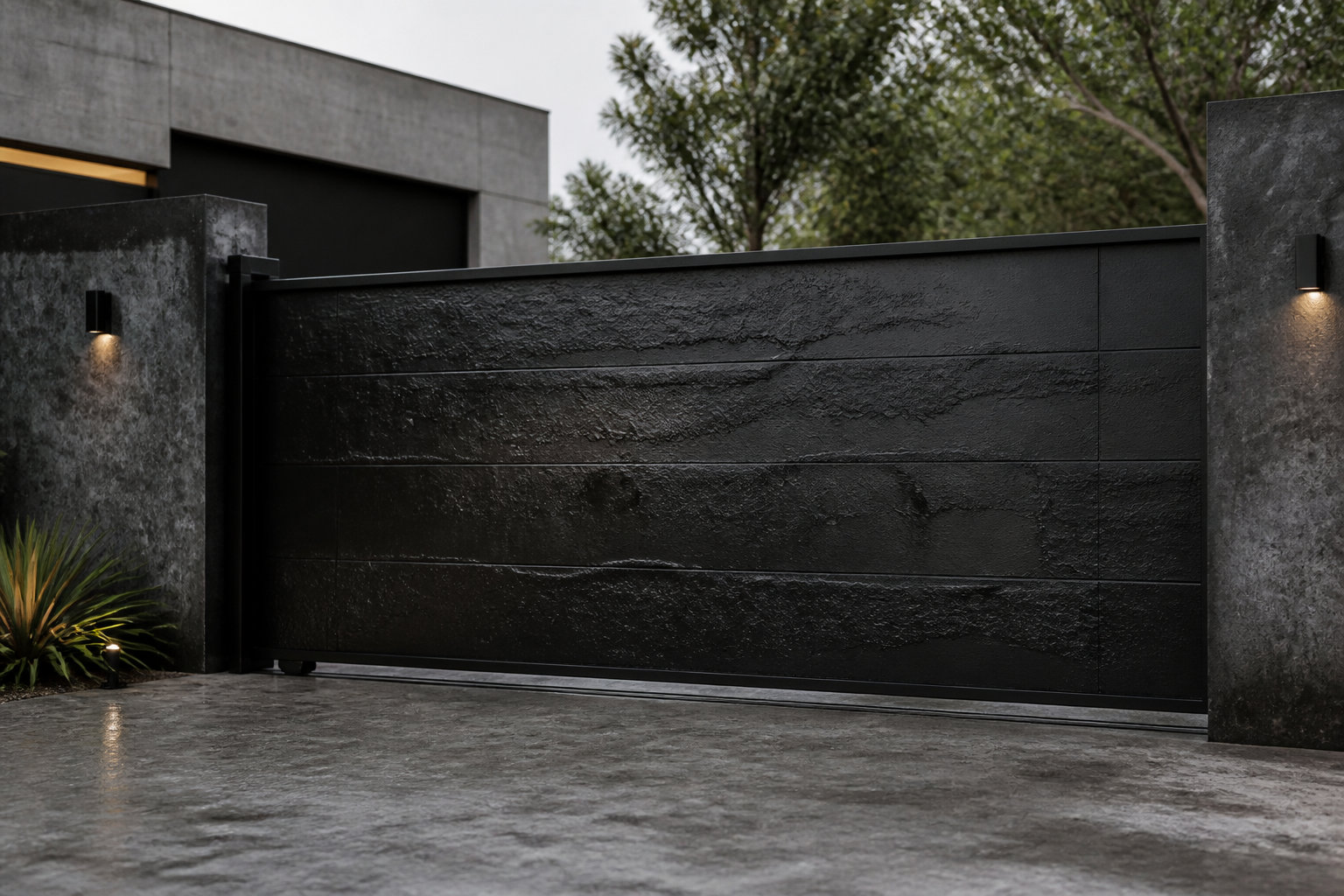 Grand portail coulissant aluminium noir sablé devant une maison contemporaine