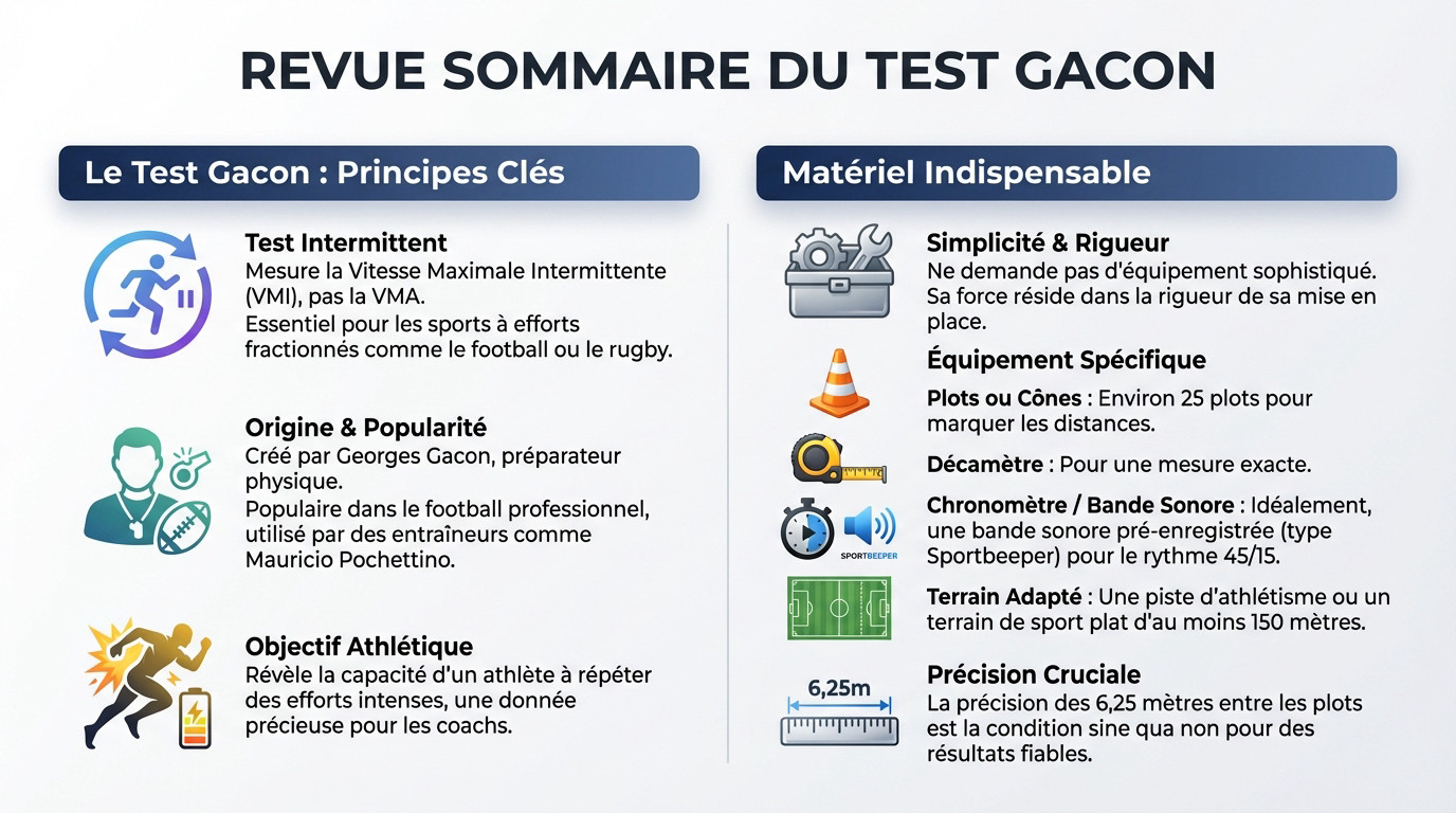 Illustration du protocole et du balisage pour le test Gacon 45/15