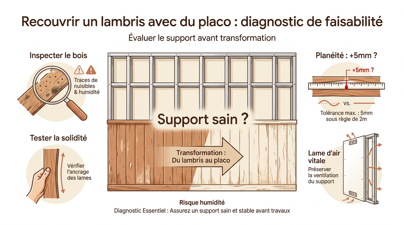 Vérification de l'état d'un vieux lambris avant pose de placo