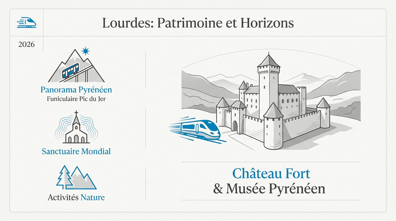 Vue panoramique sur le château fort de Lourdes et les montagnes des Pyrénées