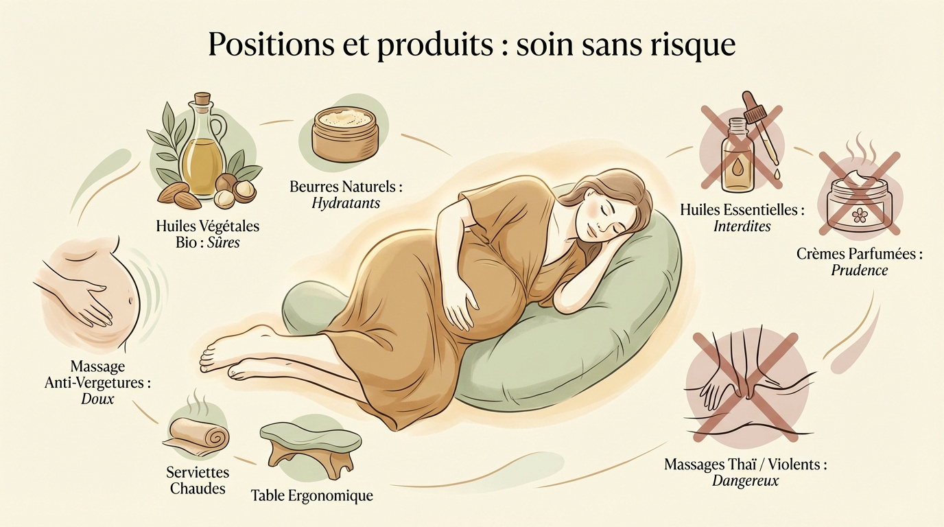 Femme enceinte allongée confortablement sur le côté pour un massage prénatal sécurisé