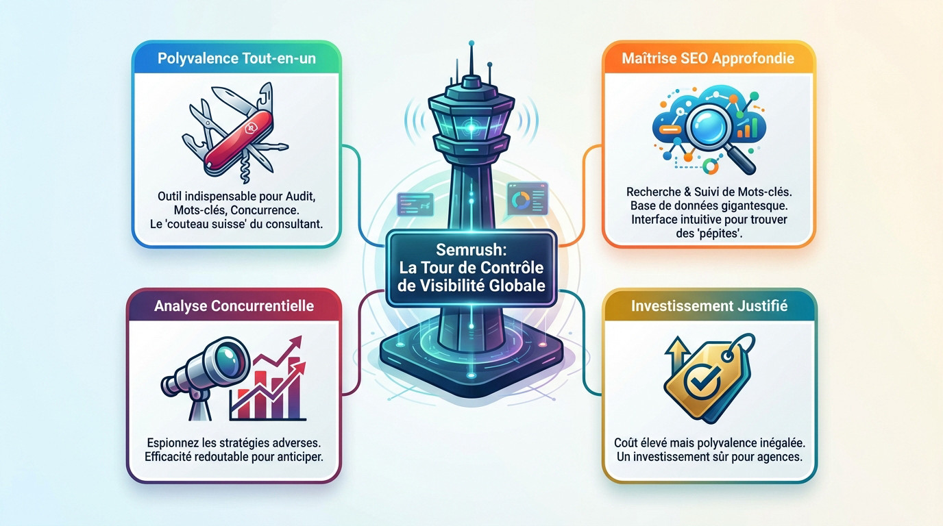 Interface de bord de Semrush pour l'analyse de visibilité et SEO