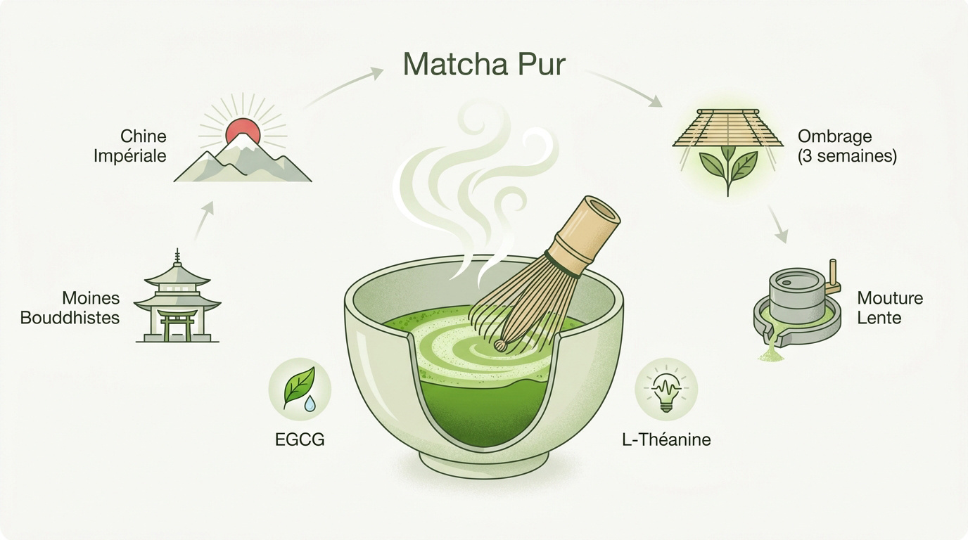 Infographie détaillant les étapes de fabrication et les bienfaits du thé matcha traditionnel