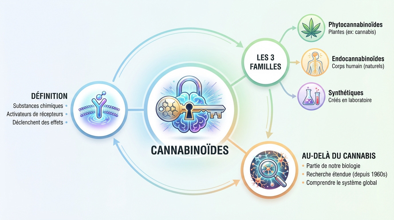 Schéma explicatif des différents types de cannabinoïdes et leurs actions sur les récepteurs