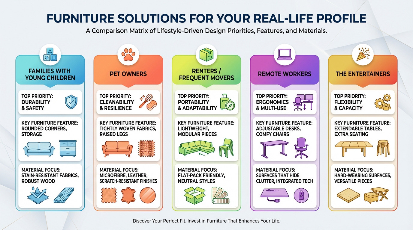 Modern living room featuring a modular grey sofa and wooden coffee table, illustrating practical furniture solutions for different lifestyles