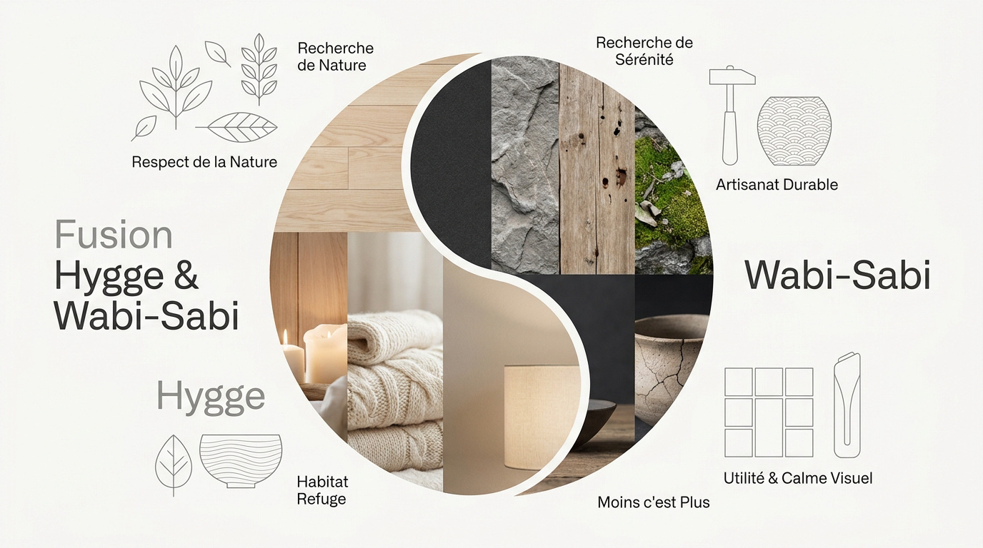 Décoration intérieure fusionnant le style japonais wabi-sabi et le confort scandinave hygge