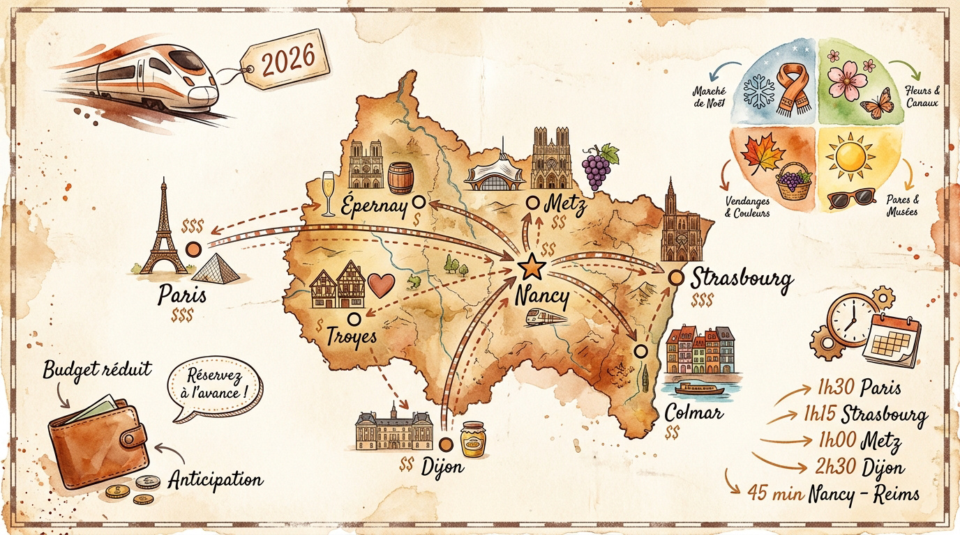 Infographie des temps de trajet et destinations en train depuis Nancy en 2026