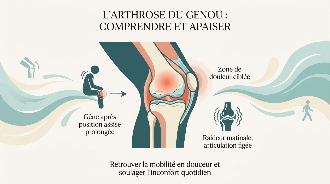 Arthrose genou : comprendre et soulager au quotidien Illustration d'une articulation du genou présentant des signes d'arthrose et d'usure du cartilage