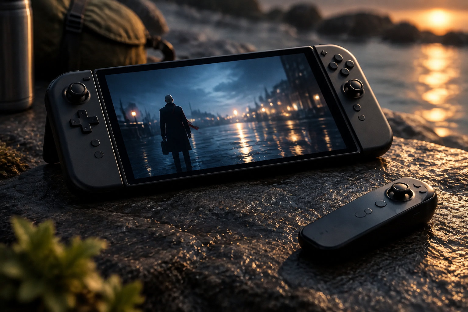Une console de jeu portable et une manette sont posées sur un sol rocheux humide au coucher du soleil ; l’écran montre un homme de dos face à un paysage urbain illuminé.