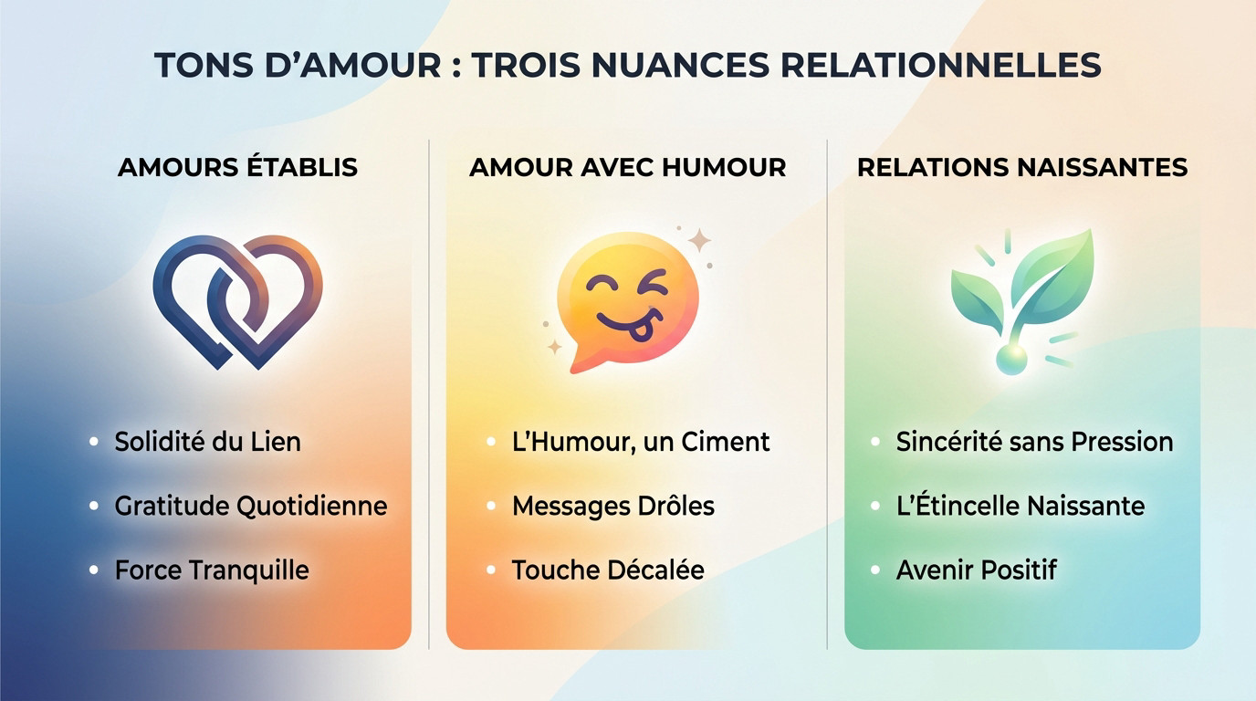 Illustration des trois nuances de messages amoureux selon le stade de la relation