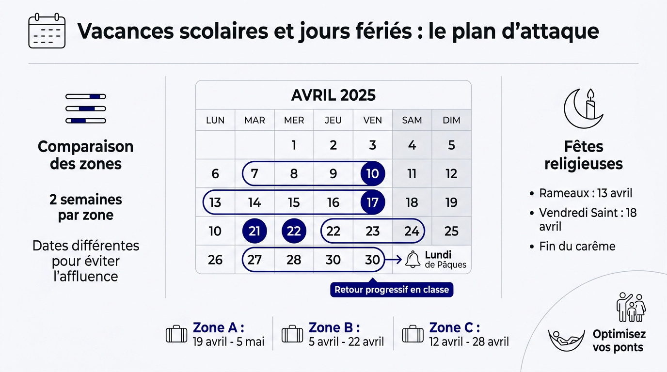 Calendrier des vacances scolaires et jours fériés d'avril 2025