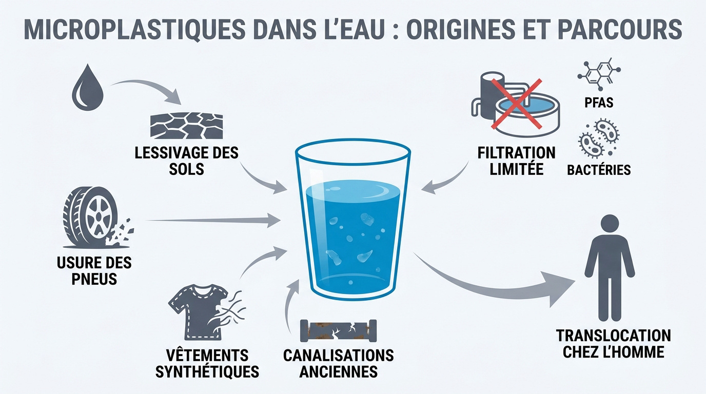 Schéma illustrant l'origine des microplastiques et leur parcours dans le cycle de l'eau du robinet