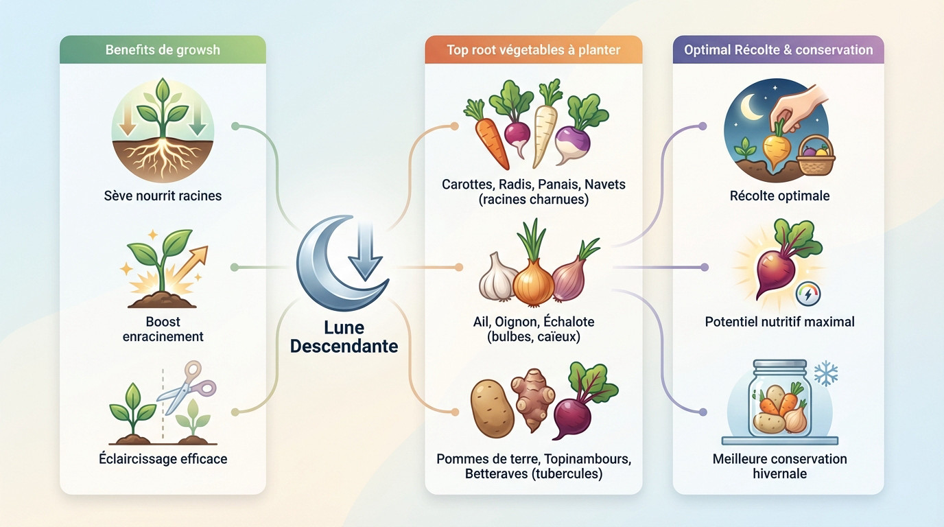 Jardinier récoltant des légumes racines en période de lune descendante pour une meilleure conservation