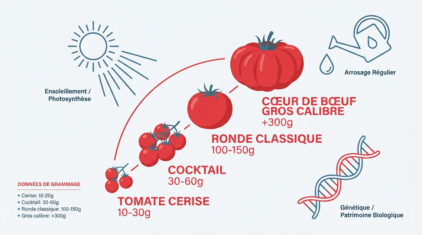 Tableau comparatif des calibres et poids des différentes variétés de tomates