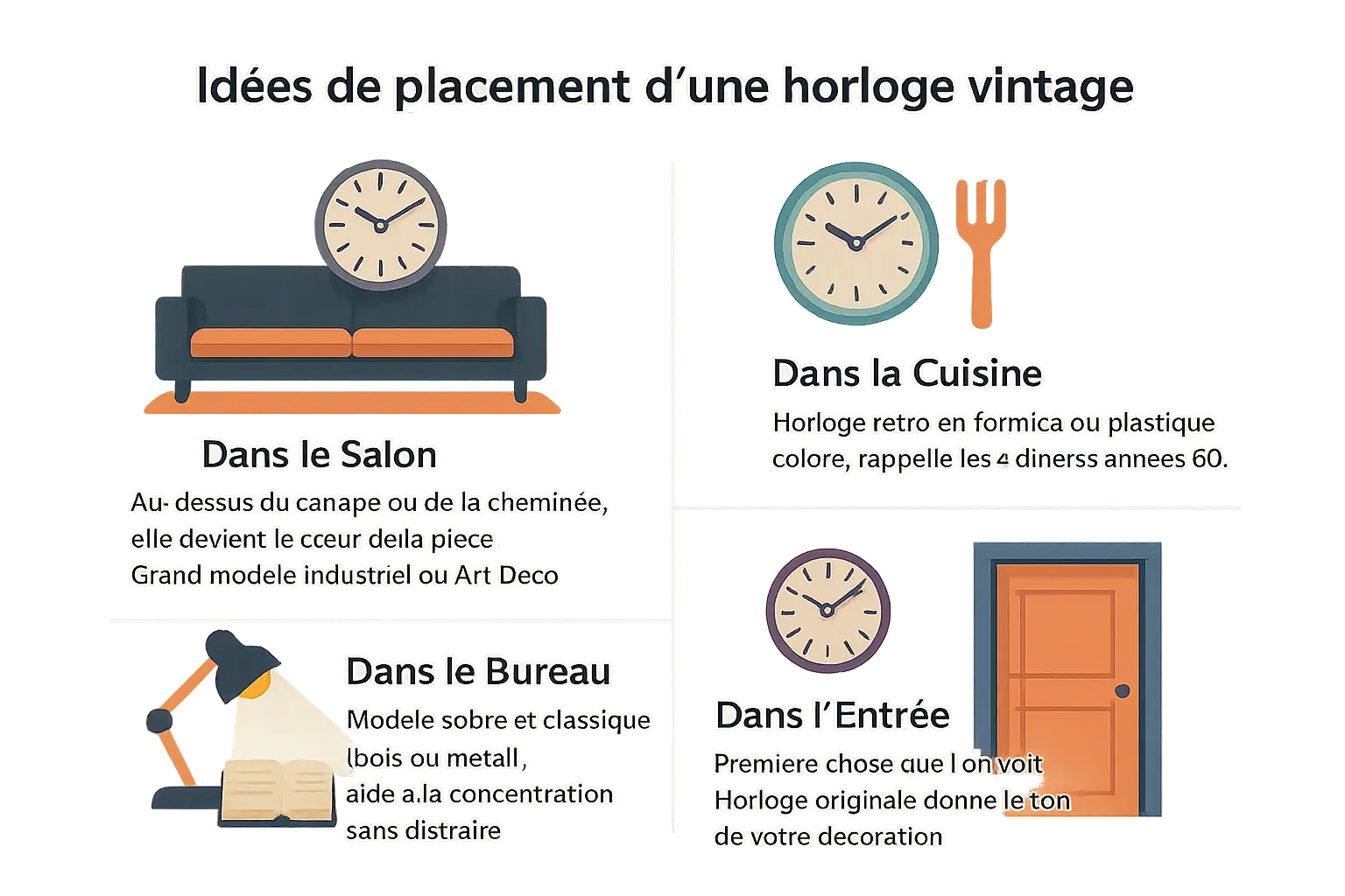 Illustration d'horloges murales vintage dans différents environnements intérieurs