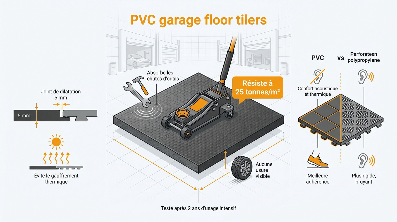 Infographie technique sur la résistance et l'installation des dalles de sol de garage en PVC