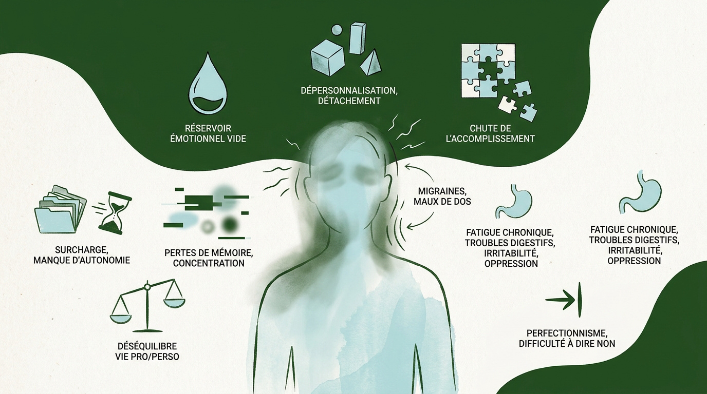 Représentation visuelle des dimensions et symptômes de l'épuisement professionnel