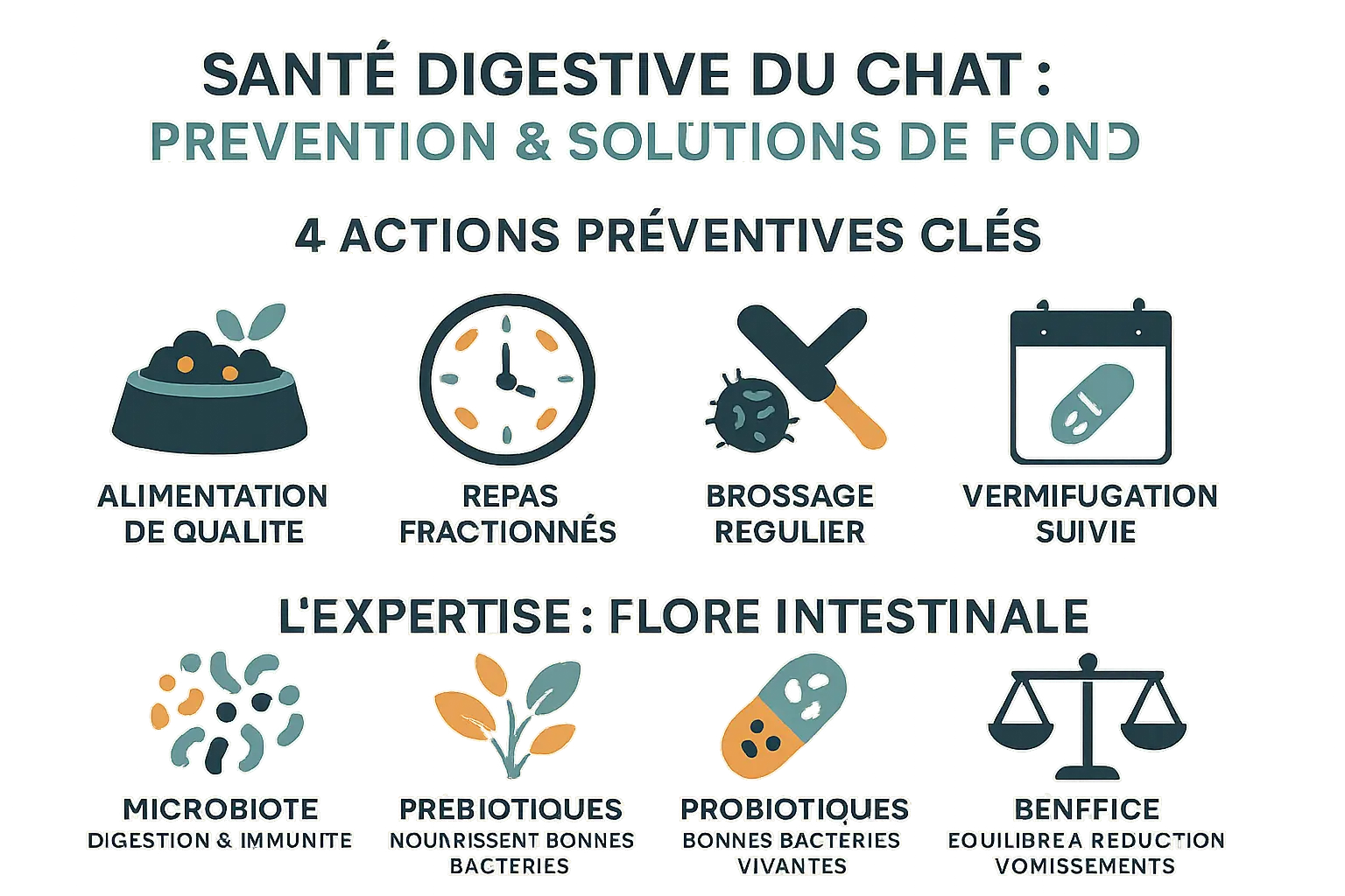 schéma anatomique du système digestif félin avec prébiotiques et probiotiques