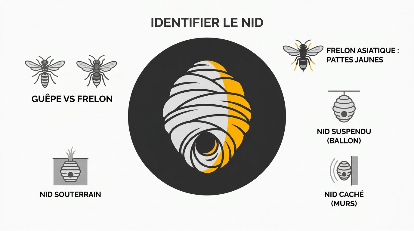 Comparaison visuelle entre un nid de guêpes grisé et un nid de frelons sphérique en hauteur