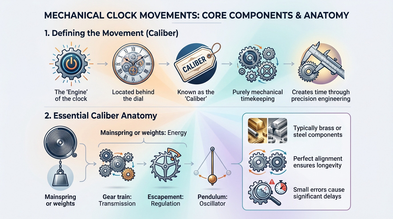Diagram showing core components of a mechanical clock movement including gears and escapement