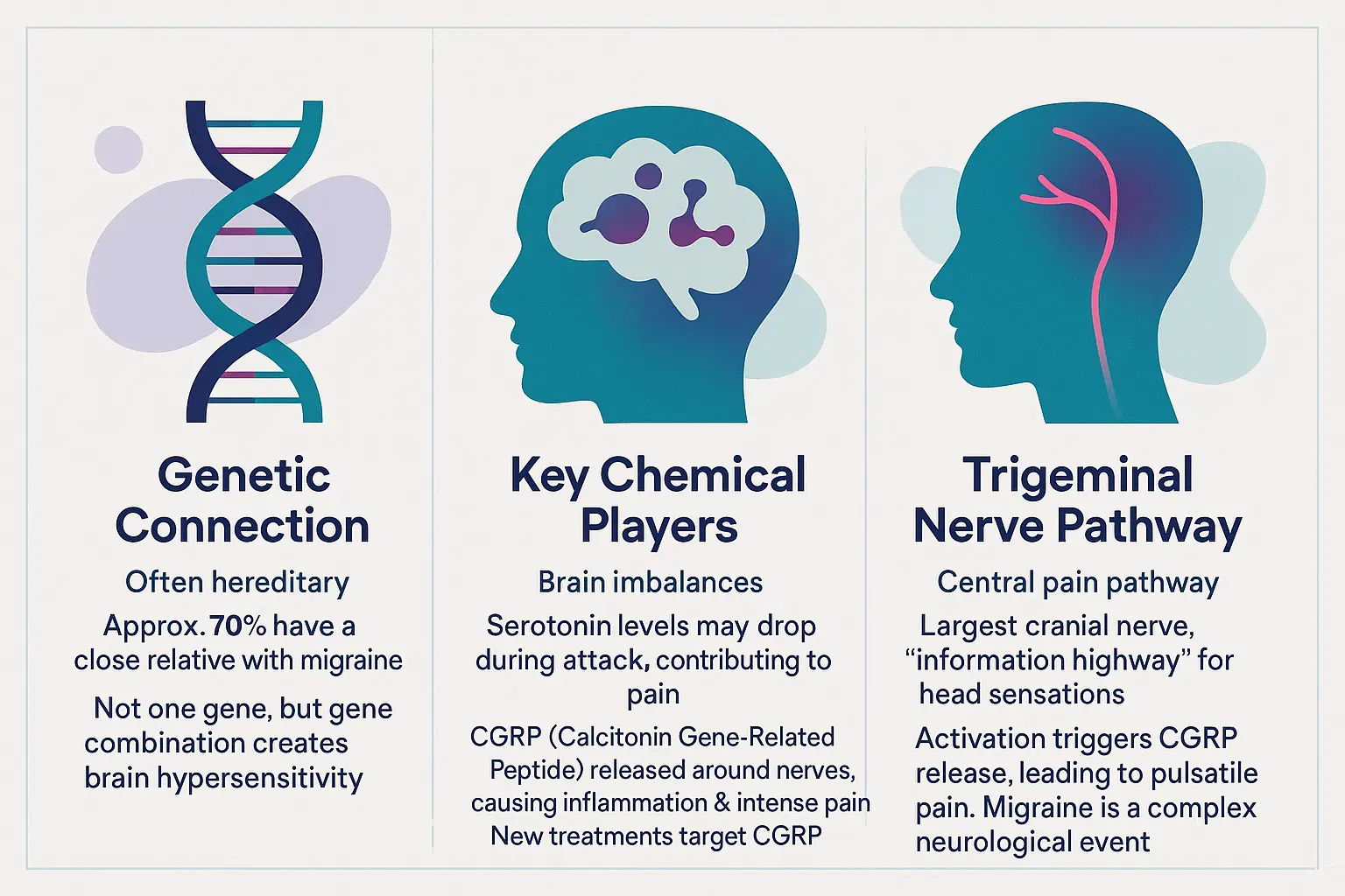 Illustration of migraine mechanisms showing brain, trigeminal nerve, and CGRP pathway