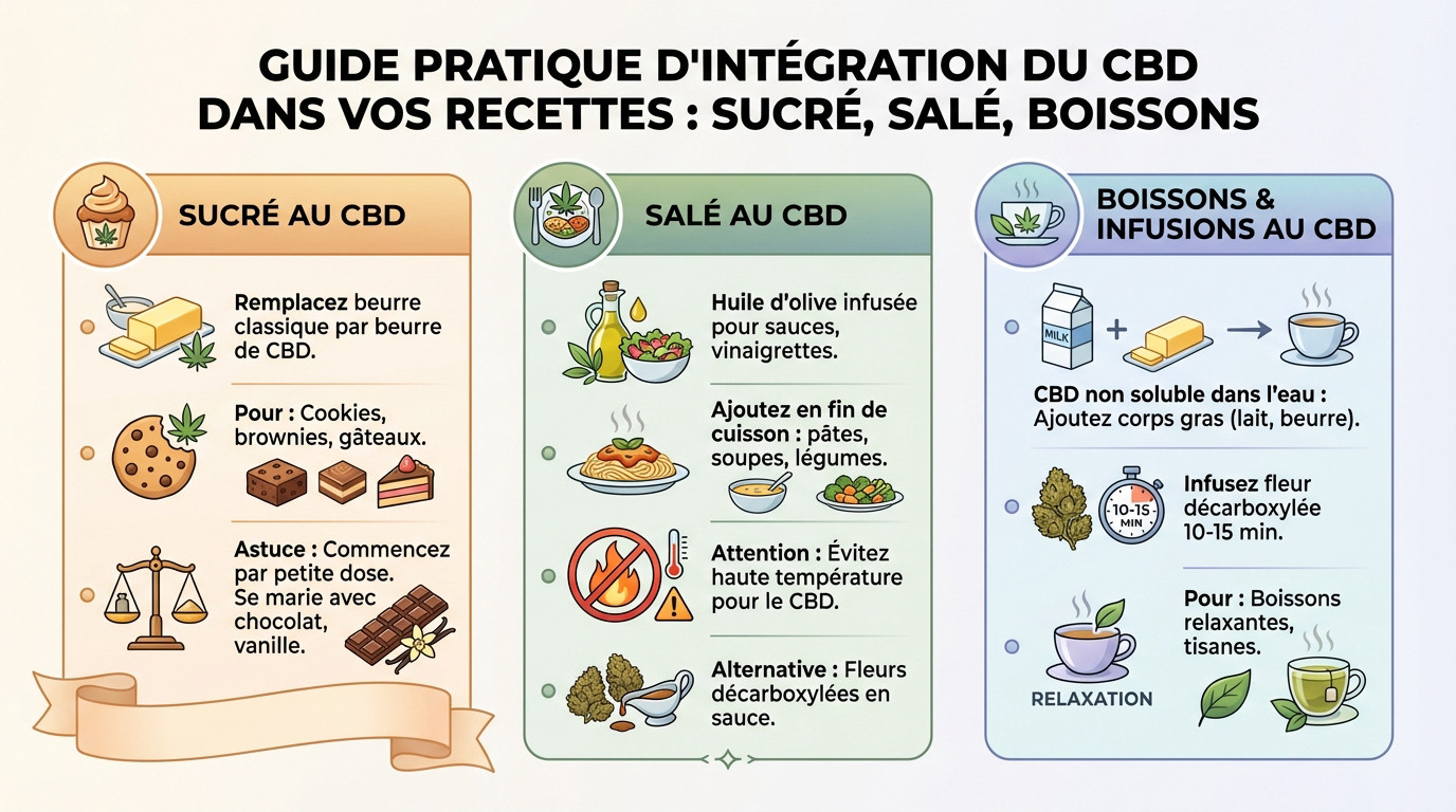 Préparation culinaire avec fleurs de CBD et beurre infusé pour recettes sucrées et salées