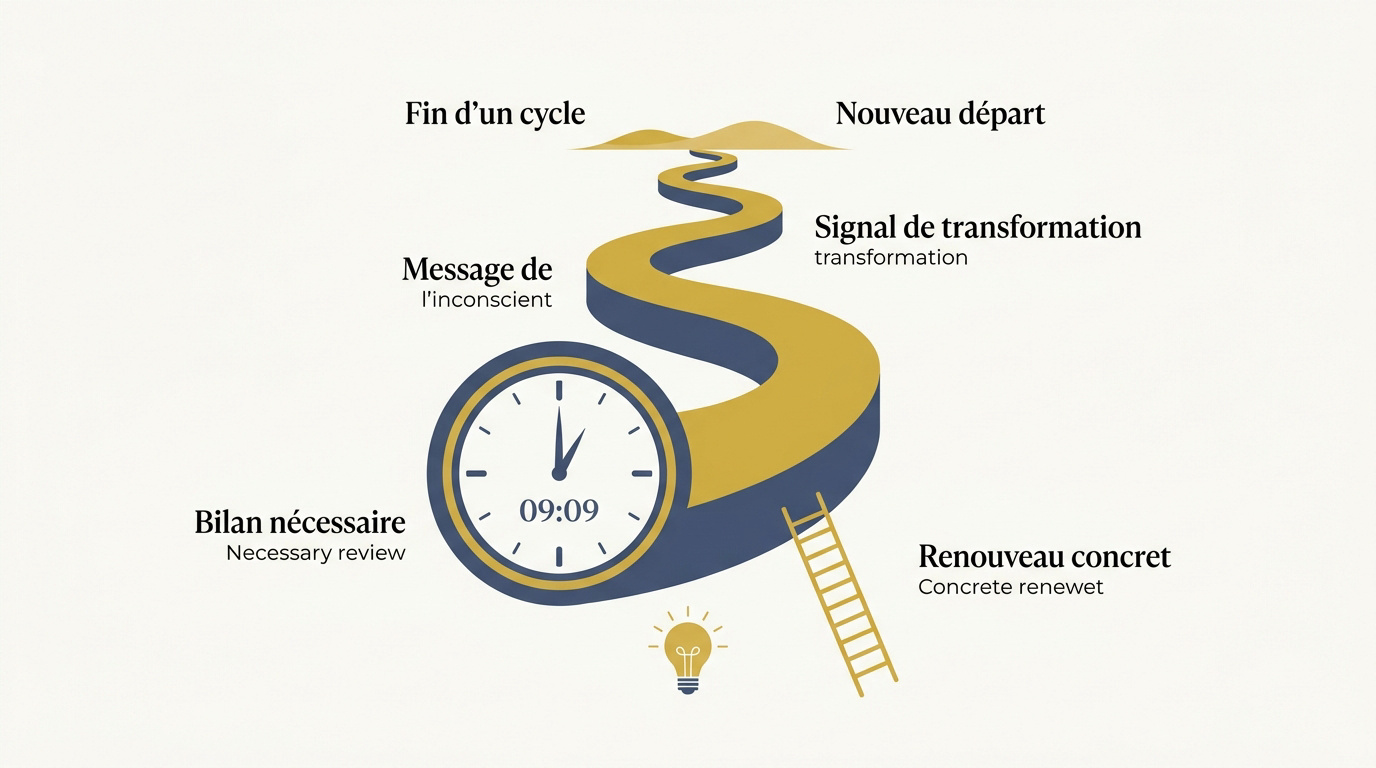 Représentation symbolique du renouveau et de la transformation liée à l'heure miroir 09h09