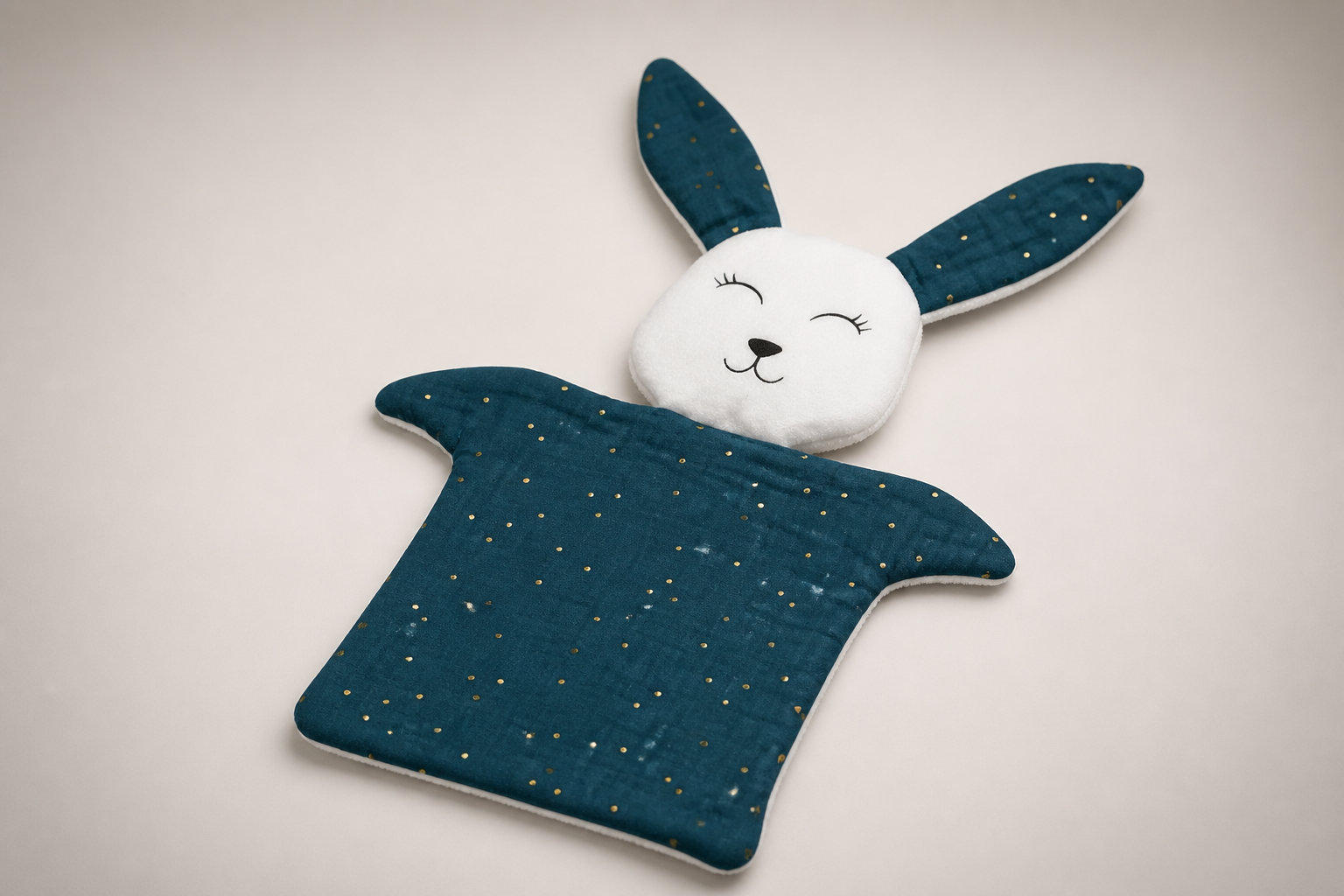 Doudou Lapin double gaze bleu pétrole points dorés