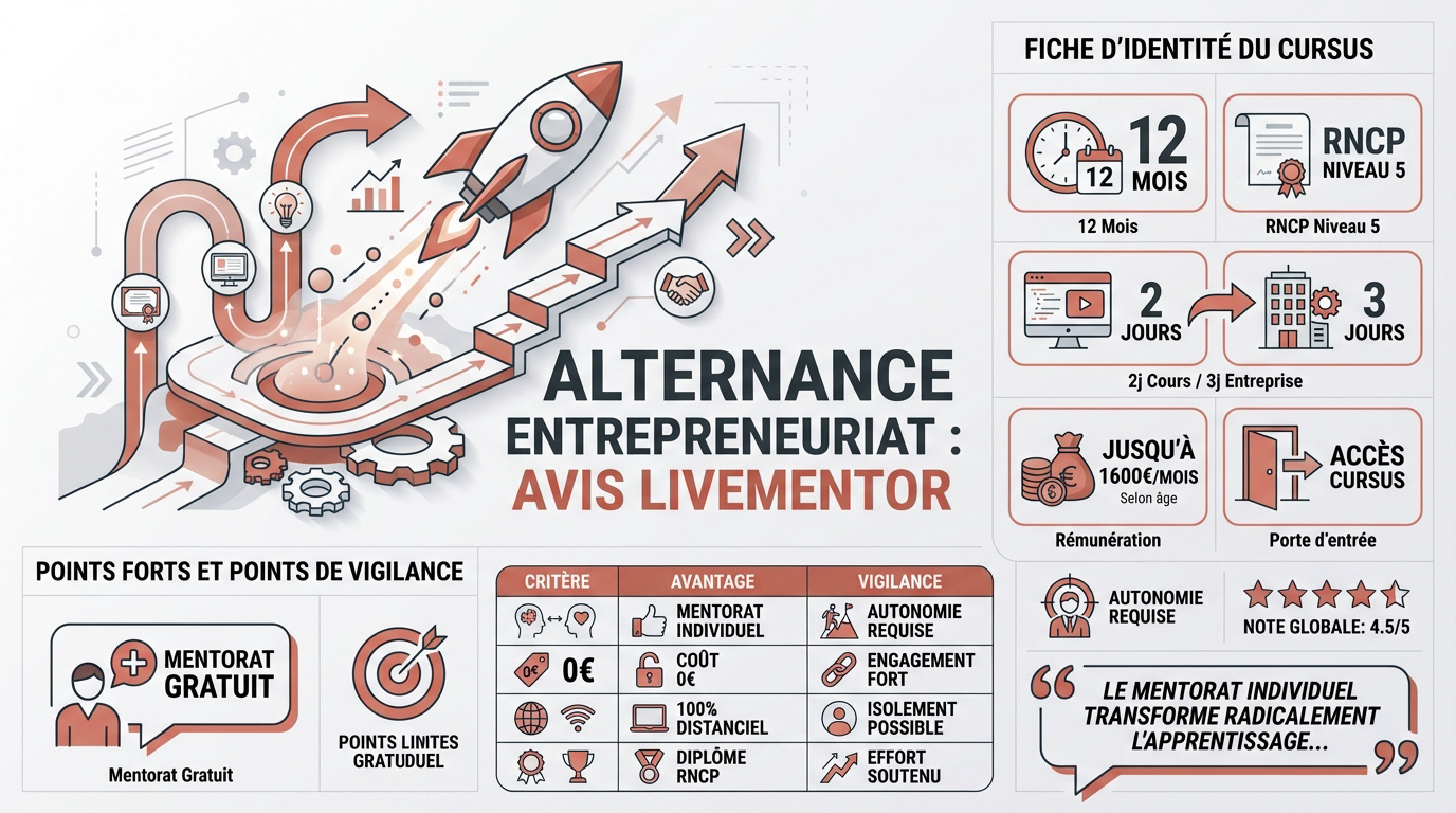 Infographie récapitulative de la formation alternance entrepreneuriat LiveMentor