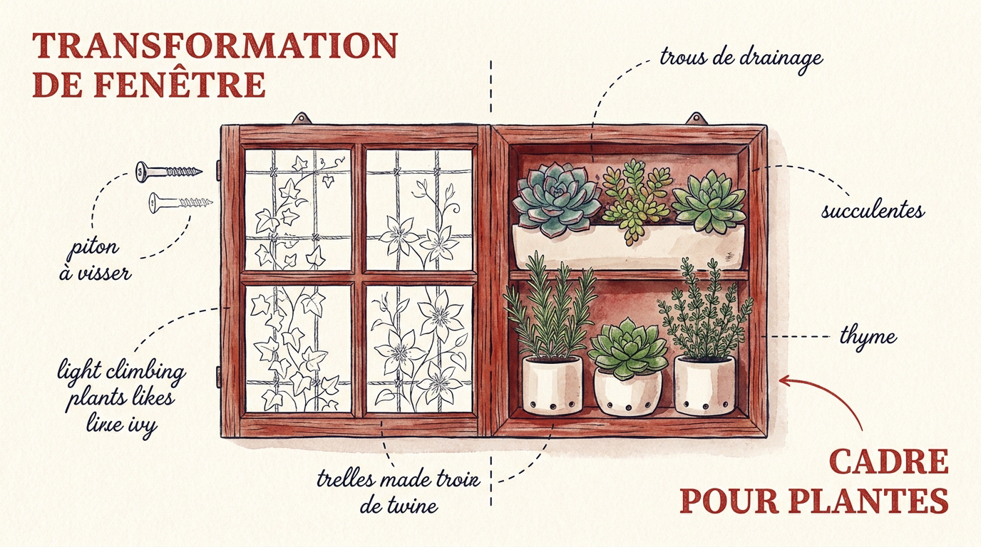 Vieille fenêtre en bois transformée en support décoratif pour plantes grimpantes dans un jardin