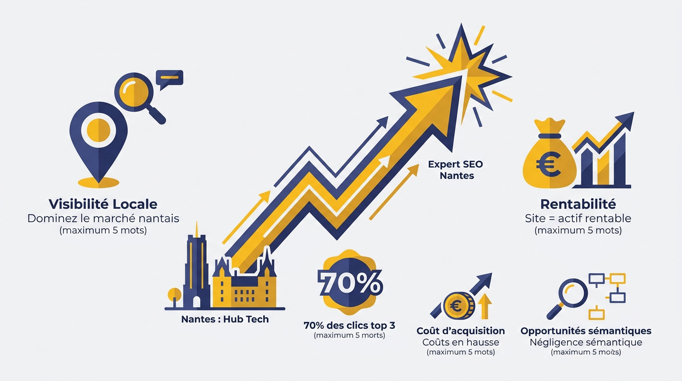 Infographie montrant la croissance du trafic organique et le ROI du SEO à Nantes