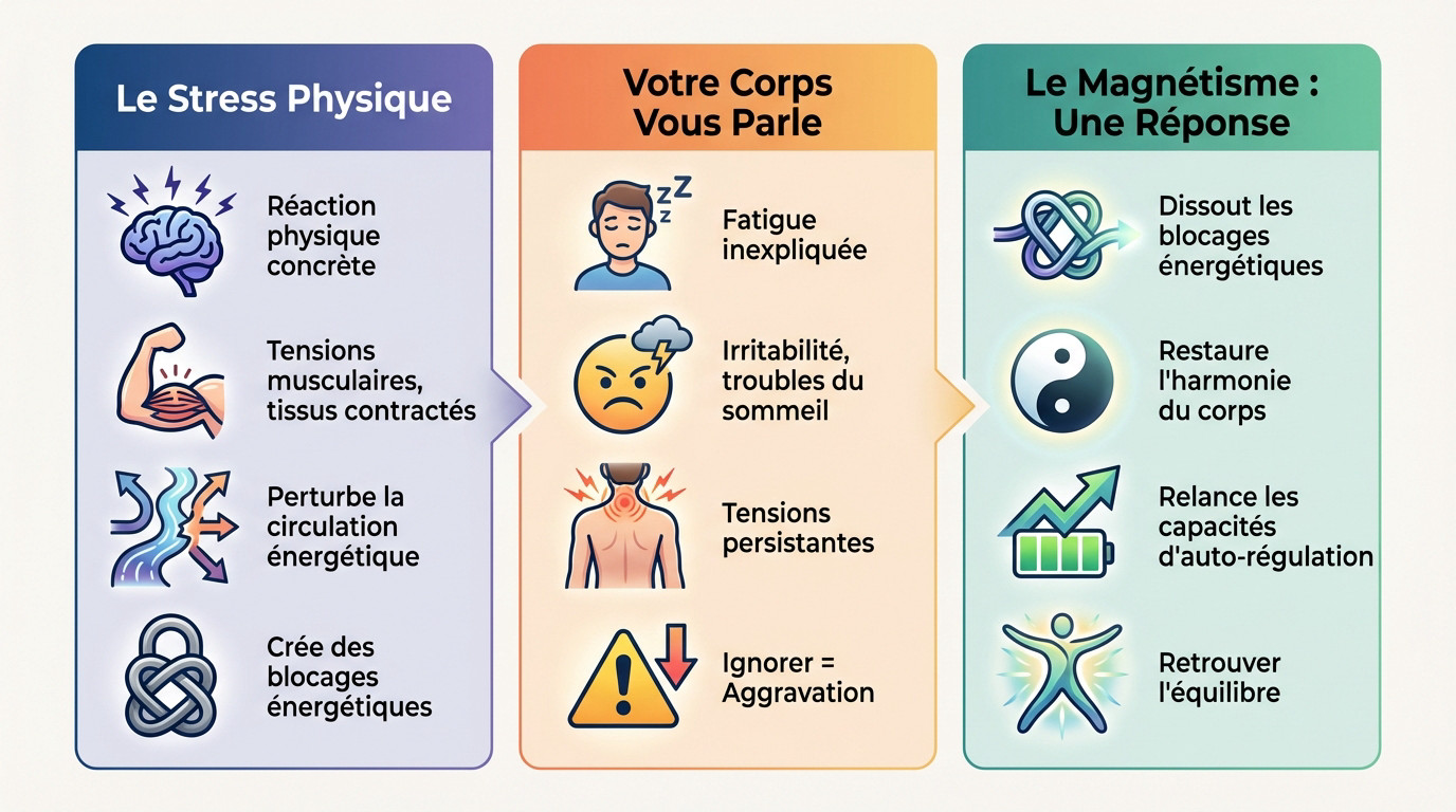 Schéma montrant l'impact du stress sur les tensions musculaires et l'action apaisante du magnétisme