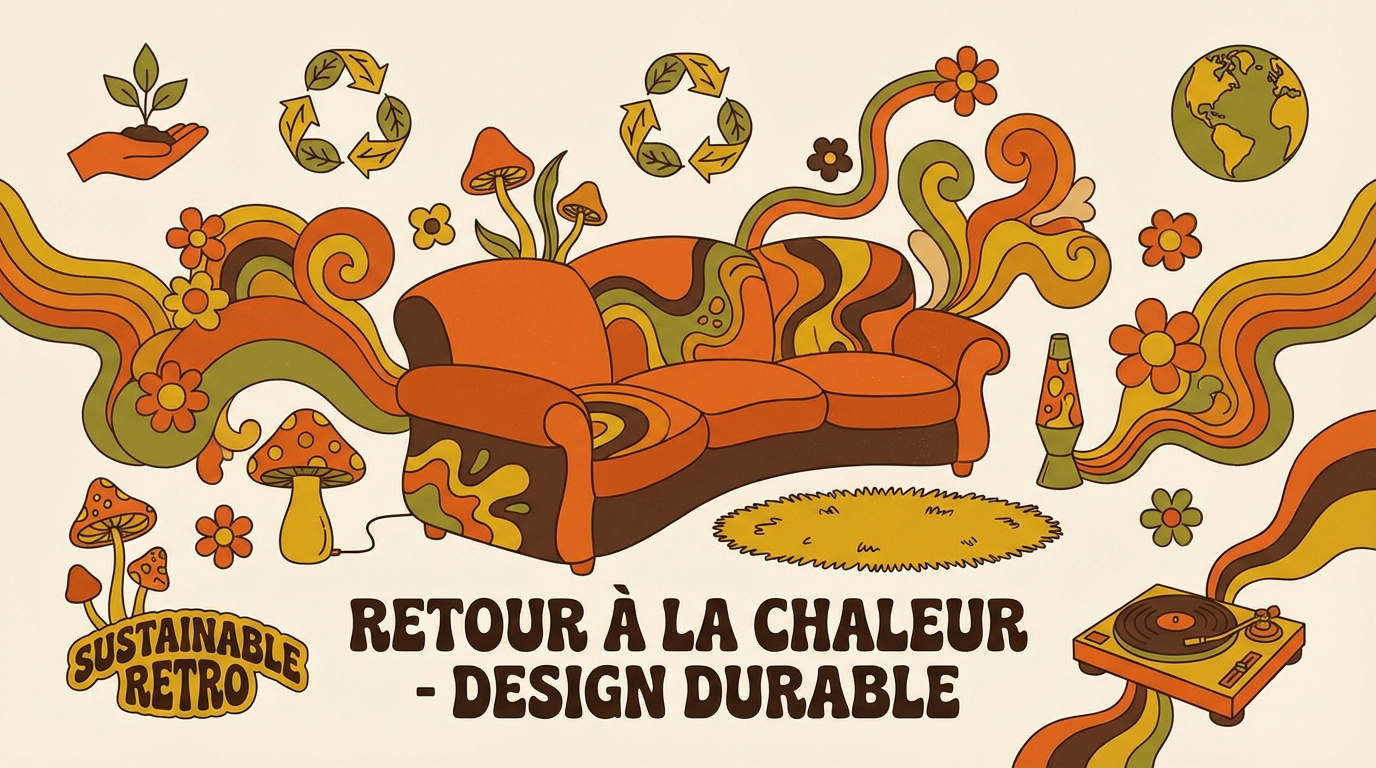 Intérieur chaleureux avec mobilier en bois foncé et luminaires oranges des années 70 — design rétro durable