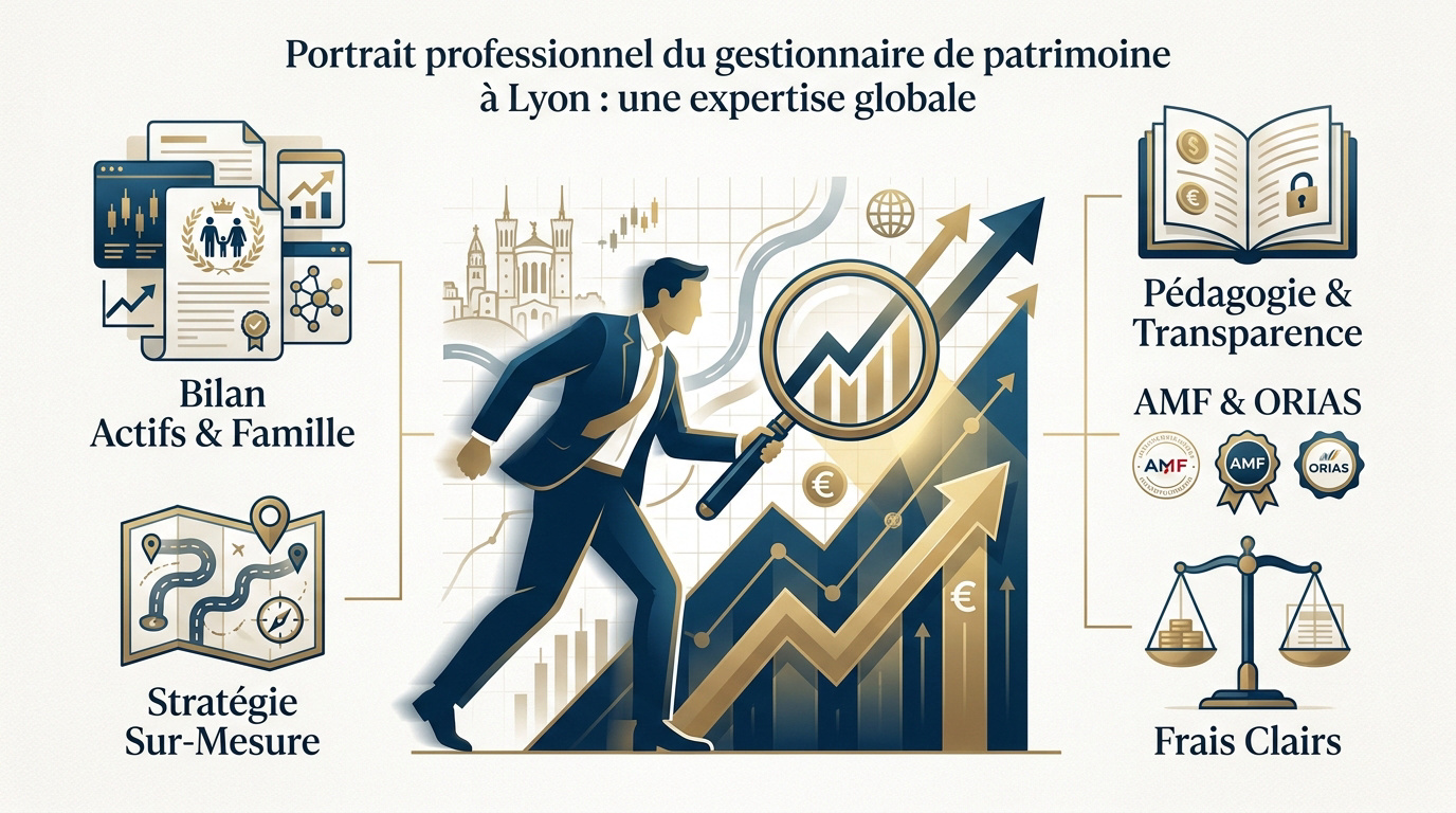 Portrait professionnel d'un gestionnaire de patrimoine expert à Lyon dans son cabinet