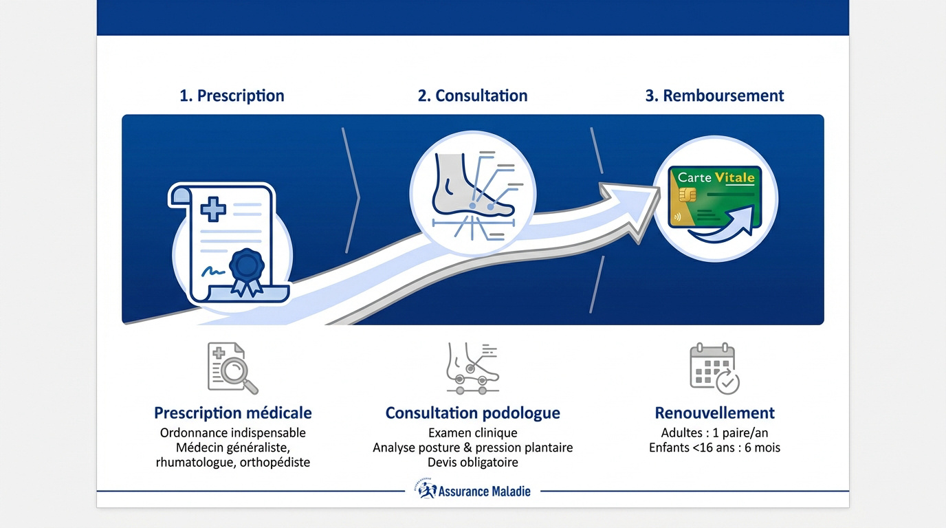 Les semelles orthopédiques sont-elles remboursées par la Sécu ? Schéma explicatif du parcours de soins pour le remboursement des semelles orthopédiques