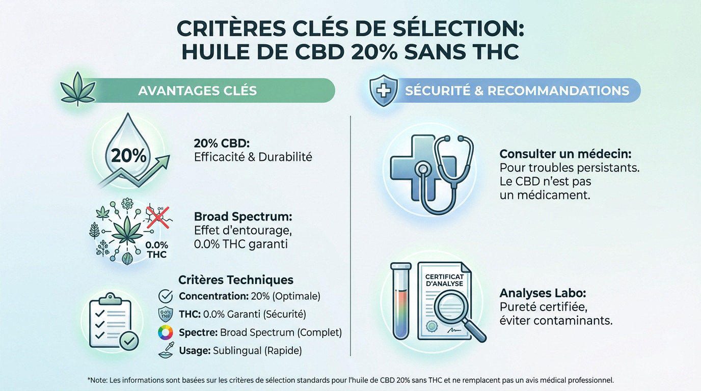 Critères de sélection d'une huile de CBD 20% sans THC : concentration, spectre et pureté