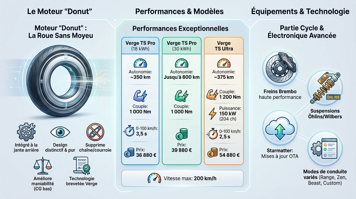 Infographie détaillée du moteur Donut et des performances de la moto électrique Verge TS Pro